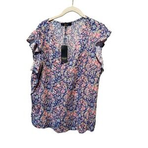 Rachel Roy Blouse Top Women's L Purple Floral Plunge V-Neck Sleeveless Pullover